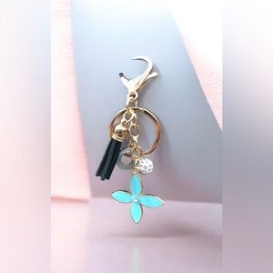 Gold Tone Keychain Bag Charm & Teal Blue Clover & Black Tassel & Rhinestones